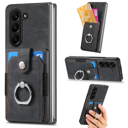 Z Fold 7 Retro Pu Leather Phone Case for Samsung Galaxy Z Fold 6 5 4 3 Magnetic Hardware Ring&buckle Card Slot Bag Bracket Cover