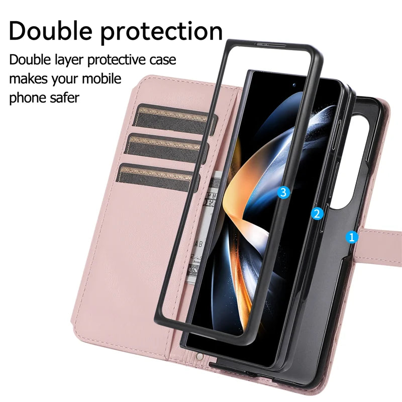 Luxury Lanyard Leather Flip Stand Phone Case for Samsung Galaxy Z Fold 7 6 5 4 3 Fold6 Fold5 Fold3 Fold4 Zip Wallet Card Cover