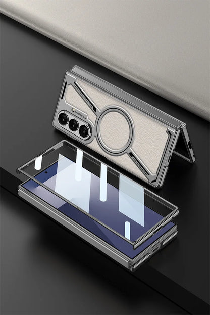 Electroplating Magnetic Wireless Charging Phone Case for Samsung Galaxy Z Fold 7 Zfold 6 Z Shaped Plain Leather Thin Hard Cover