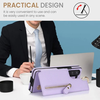 Ring Leather Zipper Wallet Card Slot Phone Case for Samsung Galaxy Z Fold 7 6 5 4 3 Shock Proof Flip Purse Holder Cover Hoesje