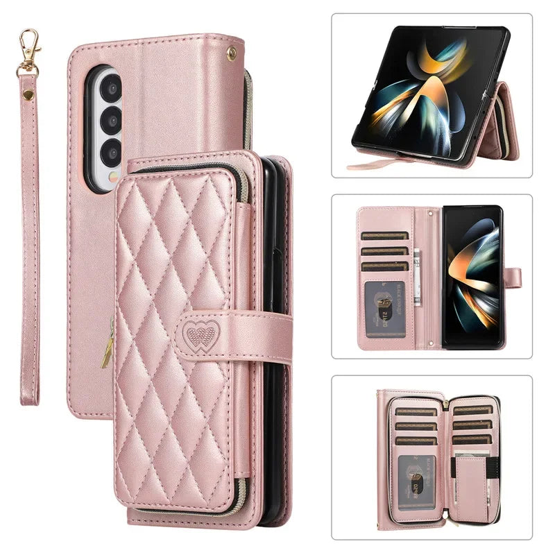 Crossbody Lanyard Zip Leather Wallet Card Phone Case for Samsung Galaxy Z Fold 7 6 5 4 3 Luxury Wrist Rope Flip Stand Cover Bag