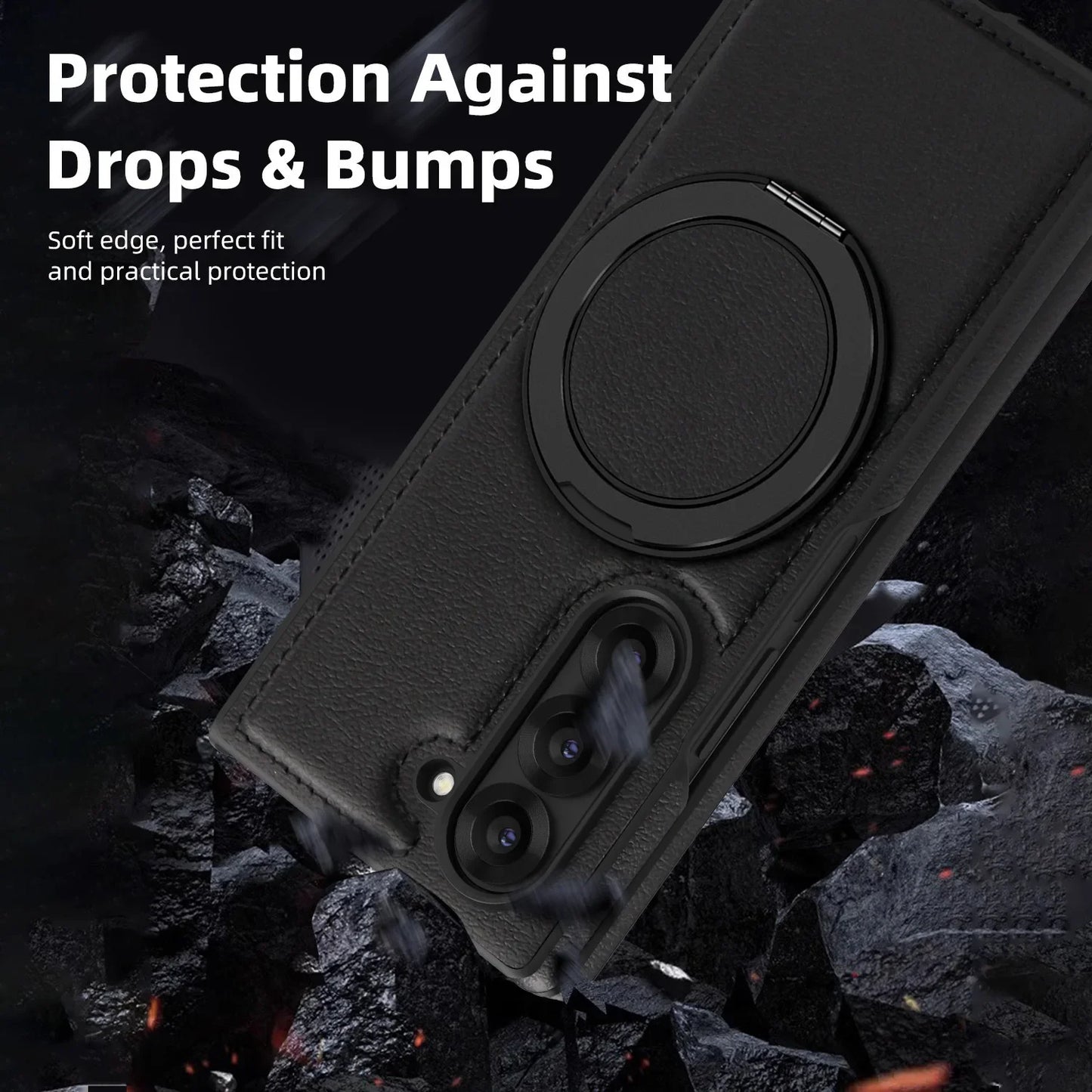 Phone Case for Samsung Galaxy Z Fold 7 Fold6 5 4 3 Strong Magnetic Ring&360 °rotating Bracket Wireless Charging Pu Leather Cover