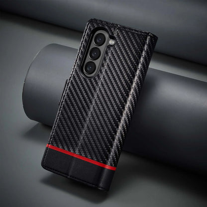 ZFold 7 Carbon Fiber Texture Phone Case for Samsung Galaxy Z Fold 7 6 5 4 3 W23 W22 5G Buckle Pu Leather Card Slot Holder Wallet