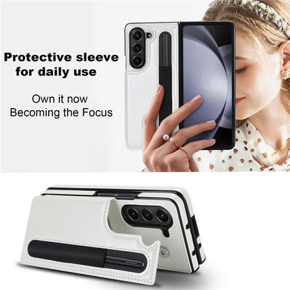 Pen Slot Leather Wallet Card Phone Case for Samsung Galaxy Z Fold 7 6 5 4 3 Fold6 Fold5 Fold4 Fold3 Retor Flip Stand Cover Etui