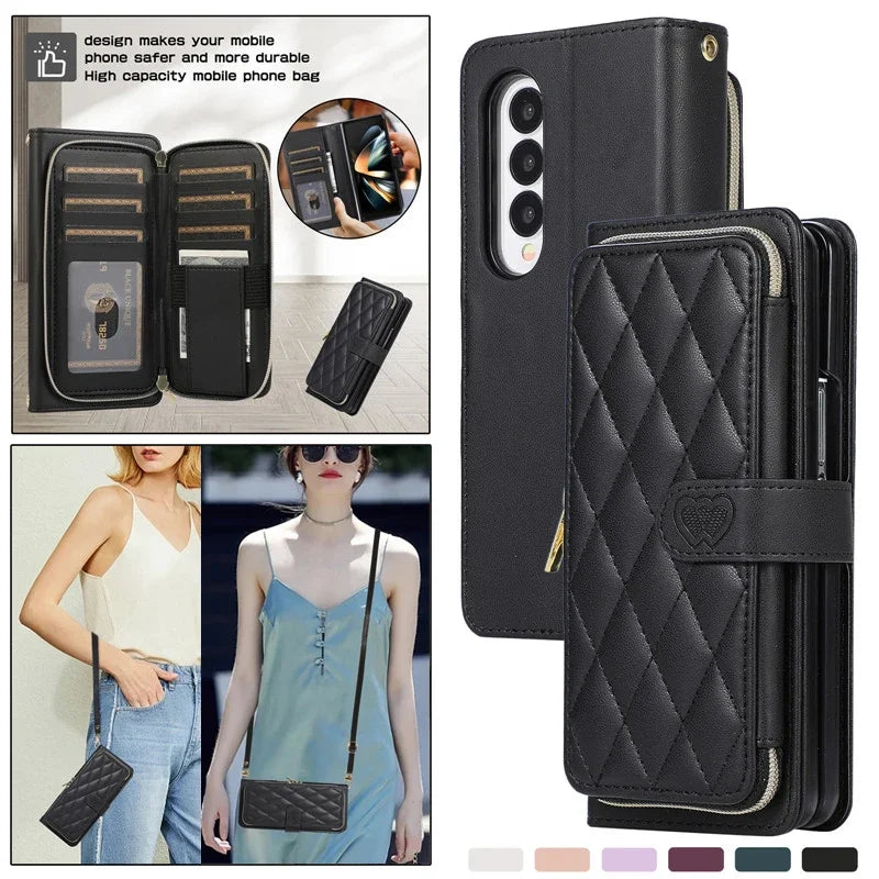 Crossbody Lanyard Zip Leather Wallet Card Phone Case for Samsung Galaxy Z Fold 7 6 5 4 3 Luxury Wrist Rope Flip Stand Cover Bag