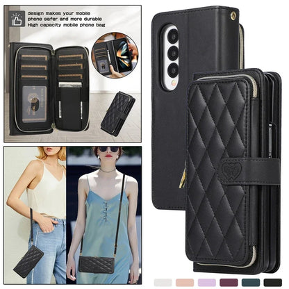 Crossbody Lanyard Zip Leather Wallet Card Phone Case for Samsung Galaxy Z Fold 7 6 5 4 3 Luxury Wrist Rope Flip Stand Cover Bag