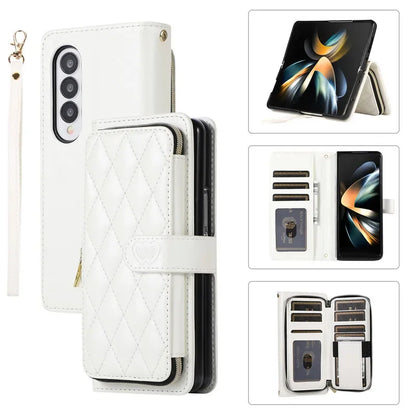 Crossbody Lanyard Zip Leather Wallet Card Phone Case for Samsung Galaxy Z Fold 7 6 5 4 3 Luxury Wrist Rope Flip Stand Cover Bag