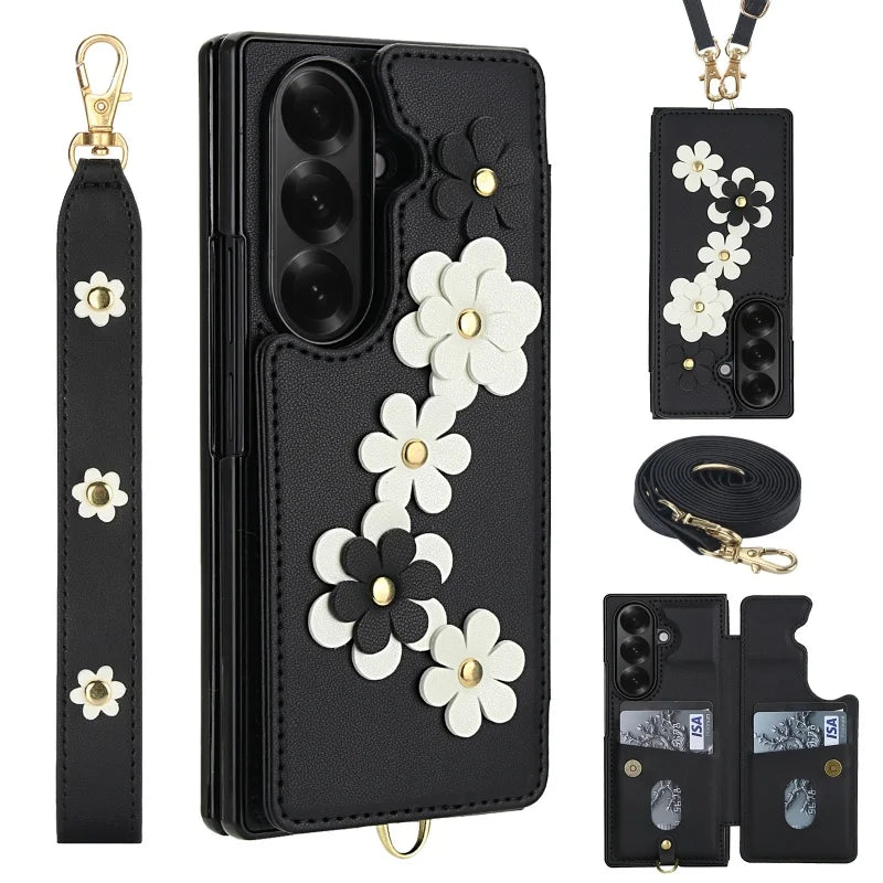 Long Lanyard Leather Wallet Card Slot Phone Case for Samsung Galaxy Z Fold 7 6 5 4 Wrist Strap Flip Purse Holder Cover Back Bag