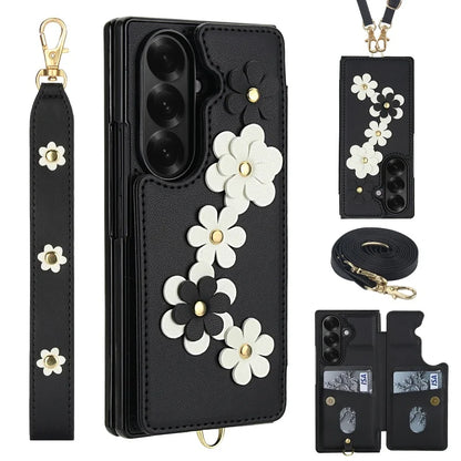 Long Lanyard Leather Wallet Card Slot Phone Case for Samsung Galaxy Z Fold 7 6 5 4 Wrist Strap Flip Purse Holder Cover Back Bag