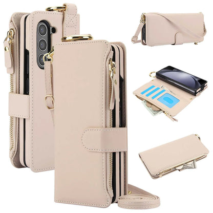 ZFold 7 Pu Leather Crossbody Phone Case for Samsung Galaxy Z Fold 7 6 5 4 3 Ring&Wrist Strap&Long Rope&Zipper Card Wallet Cover