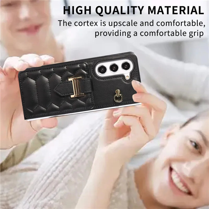 Crossbody Lanyard Leather Phone Case for Samsung Galaxy Z Fold 6 5 4 3 Fold6 Fold5 Fold4 Fold3 Wrist Rope Wallet Card Cover Etui