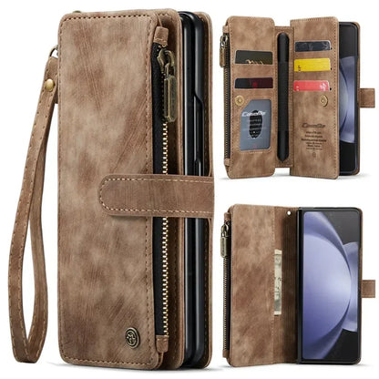 Luxury Lanyard Leather Zipper Wallet Card Phone Case For Samsung Galaxy Z Fold 7 6 5 4 Fold6 Fold5 Fold4 Purse Flip Stand Cover