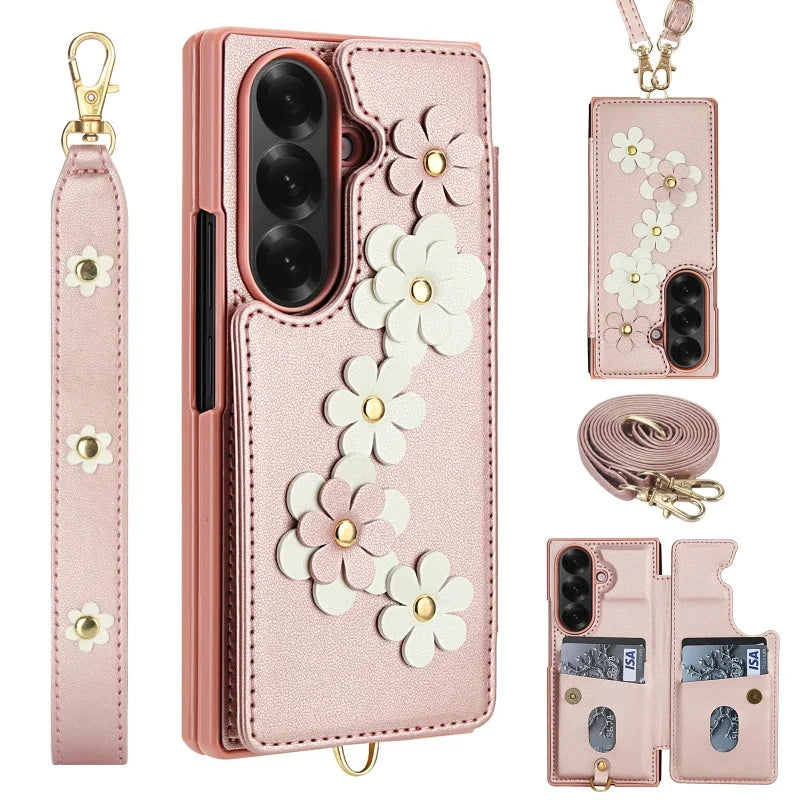 Long Lanyard Leather Wallet Card Slot Phone Case for Samsung Galaxy Z Fold 7 6 5 4 Wrist Strap Flip Purse Holder Cover Back Bag