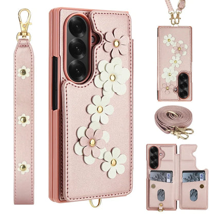 Long Lanyard Leather Wallet Card Slot Phone Case for Samsung Galaxy Z Fold 7 6 5 4 Wrist Strap Flip Purse Holder Cover Back Bag