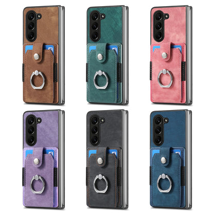Z Fold 7 Retro Pu Leather Phone Case for Samsung Galaxy Z Fold 6 5 4 3 Magnetic Hardware Ring&buckle Card Slot Bag Bracket Cover