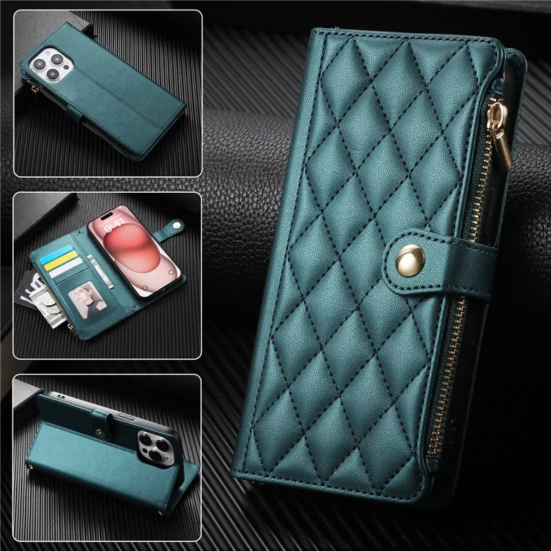 Crossbody Lanyard Leather Zip Wallet Card Slot Phone Case for Samsung Galaxy Z Fold 7 6 5 4 3 Wrist Strap Flip Stand Cover Etui