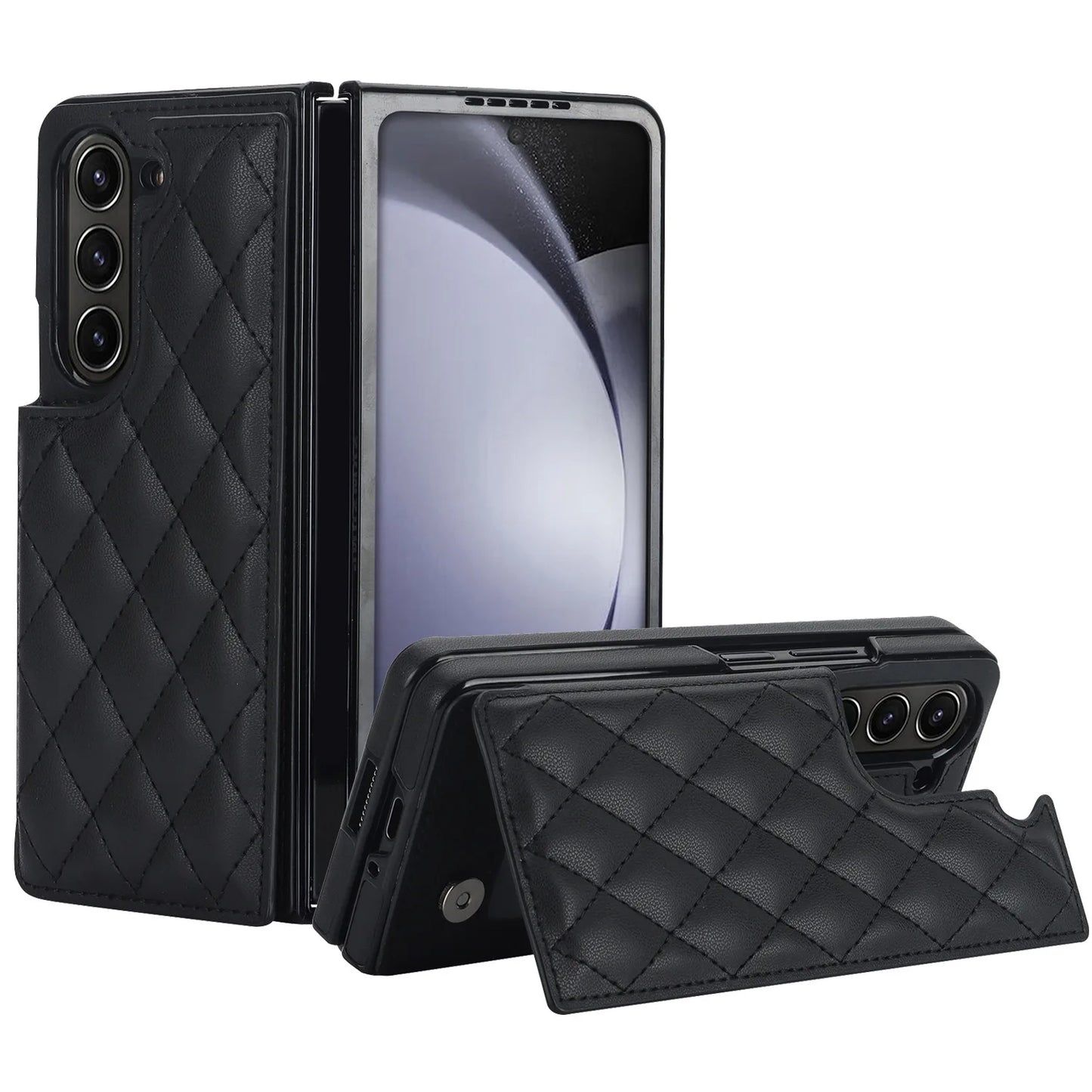 Fold7 Double Button Card Holder Wallet Phone Case for Samsung Galaxy Z Fold 7 6 5 4 3 Diamond Grid Texture Flip Pu Leather Cover