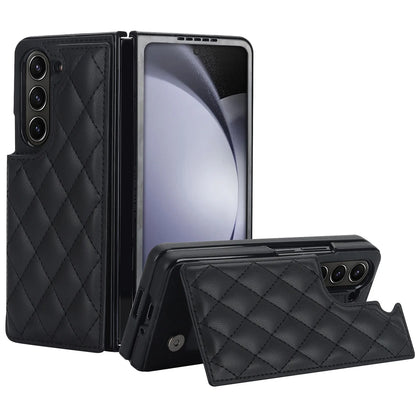 Fold7 Double Button Card Holder Wallet Phone Case for Samsung Galaxy Z Fold 7 6 5 4 3 Diamond Grid Texture Flip Pu Leather Cover
