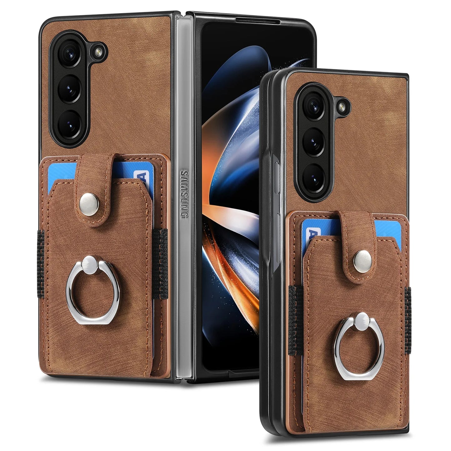 Z Fold 7 Retro Pu Leather Phone Case for Samsung Galaxy Z Fold 6 5 4 3 Magnetic Hardware Ring&buckle Card Slot Bag Bracket Cover