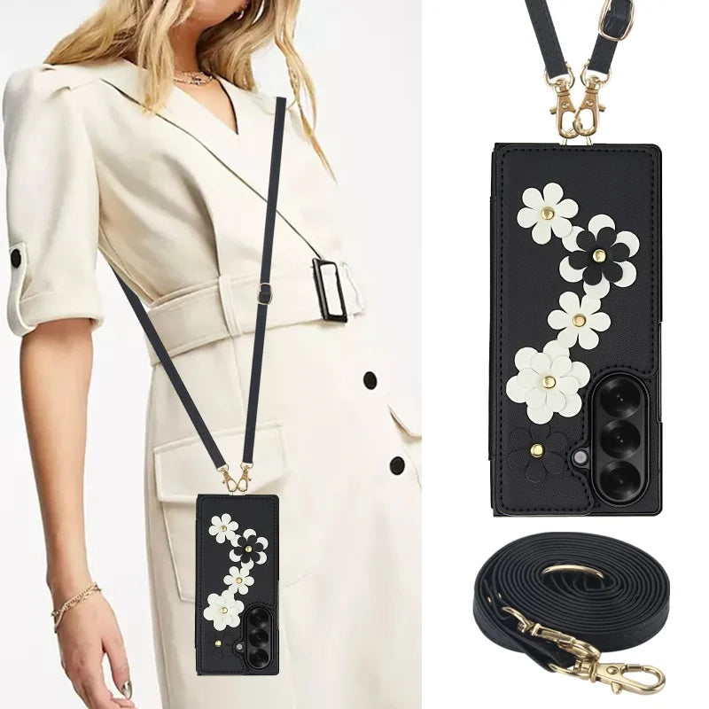 Long Lanyard Leather Wallet Card Slot Phone Case for Samsung Galaxy Z Fold 7 6 5 4 Wrist Strap Flip Purse Holder Cover Back Bag