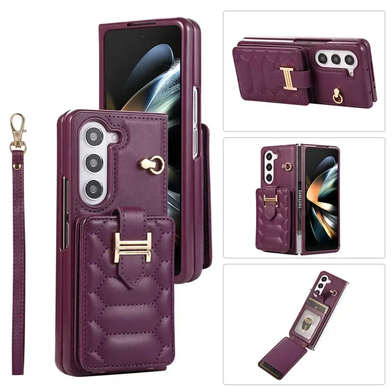 Crossbody Lanyard Leather Phone Case for Samsung Galaxy Z Fold 6 5 4 3 Fold6 Fold5 Fold4 Fold3 Wrist Rope Wallet Card Cover Etui
