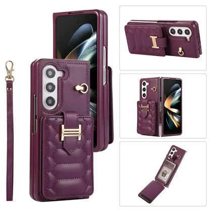 Crossbody Lanyard Leather Phone Case for Samsung Galaxy Z Fold 6 5 4 3 Fold6 Fold5 Fold4 Fold3 Wrist Rope Wallet Card Cover Etui