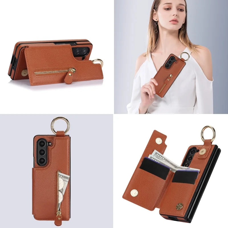 Ring Leather Zipper Wallet Card Slot Phone Case for Samsung Galaxy Z Fold 7 6 5 4 3 Shock Proof Flip Purse Holder Cover Hoesje