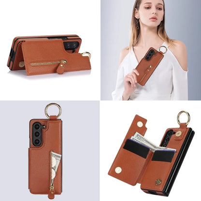 Ring Leather Zipper Wallet Card Slot Phone Case for Samsung Galaxy Z Fold 7 6 5 4 3 Shock Proof Flip Purse Holder Cover Hoesje