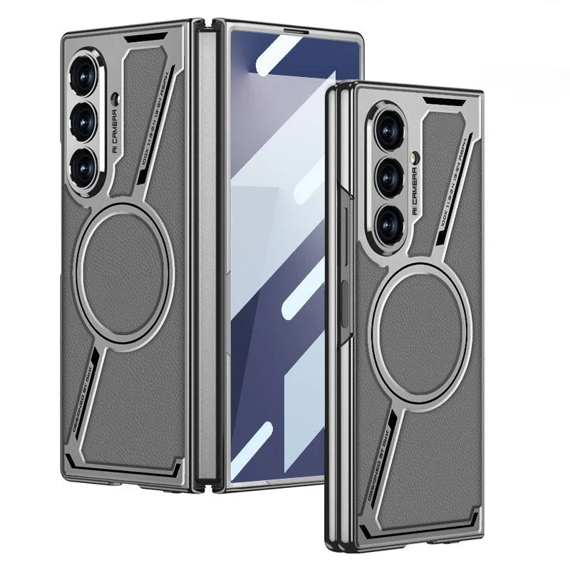 Electroplating Magnetic Wireless Charging Phone Case for Samsung Galaxy Z Fold 7 Zfold 6 Z Shaped Plain Leather Thin Hard Cover