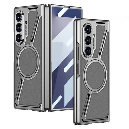 Electroplating Magnetic Wireless Charging Phone Case for Samsung Galaxy Z Fold 7 Zfold 6 Z Shaped Plain Leather Thin Hard Cover