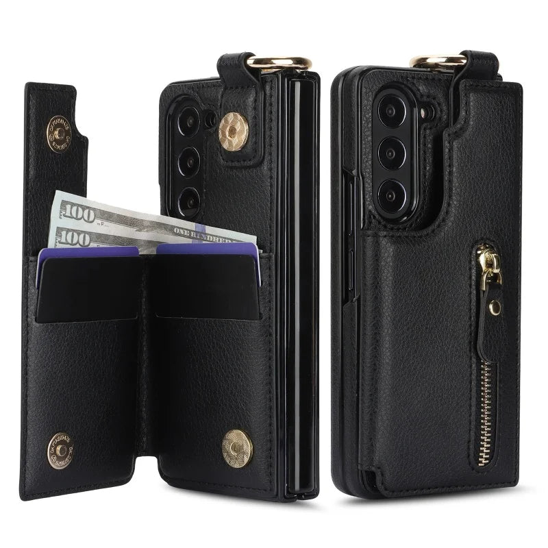 Ring Leather Zipper Wallet Card Slot Phone Case for Samsung Galaxy Z Fold 7 6 5 4 3 Shock Proof Flip Purse Holder Cover Hoesje