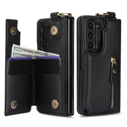 Ring Leather Zipper Wallet Card Slot Phone Case for Samsung Galaxy Z Fold 7 6 5 4 3 Shock Proof Flip Purse Holder Cover Hoesje