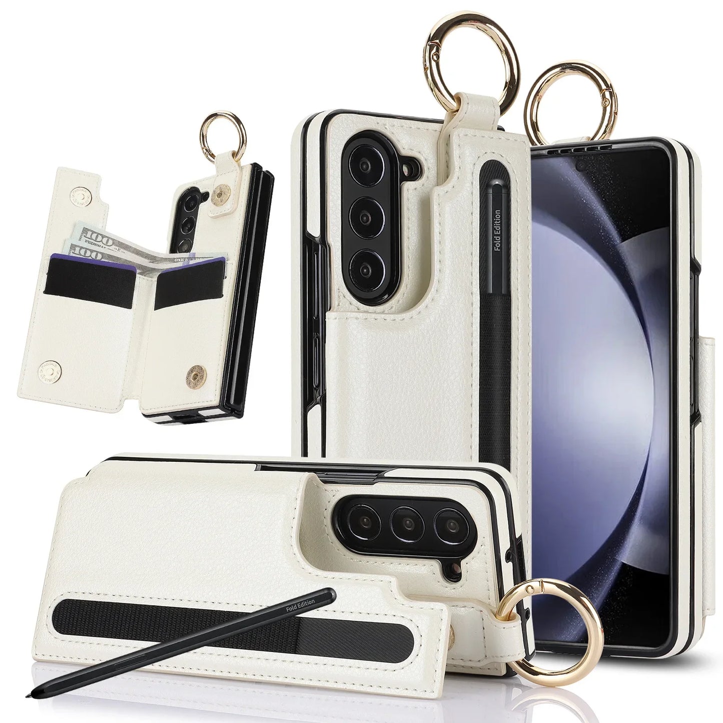 Fold7 Ring&Pen Slot Pu Leather Phone Case for Samsung Galaxy Z Fold 7 6 5 4 3 Metal Double Buckle Flip Card Holder Wallet Cover