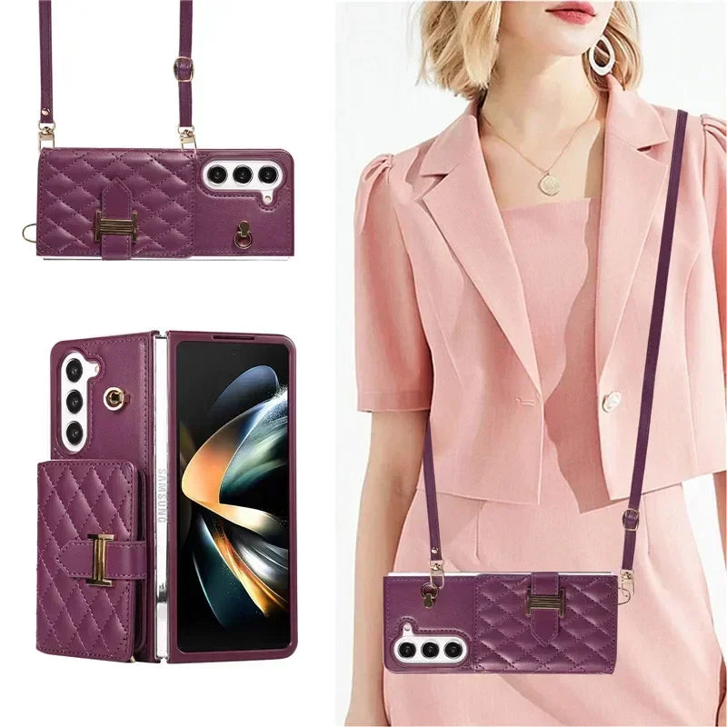 Crossbody Lanyard Leather Wallet Card Phone Case for Samsung Galaxy Z Fold 7 6 5 4 3 Fold6 Fold5 Fold4 Fold3 Wrist Rope Cover