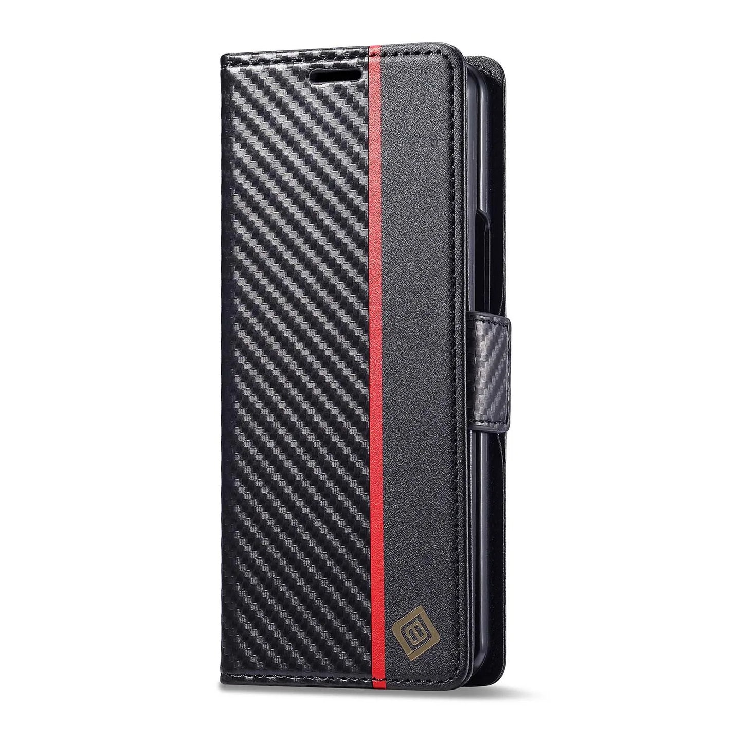 ZFold 7 Carbon Fiber Texture Phone Case for Samsung Galaxy Z Fold 7 6 5 4 3 W23 W22 5G Buckle Pu Leather Card Slot Holder Wallet