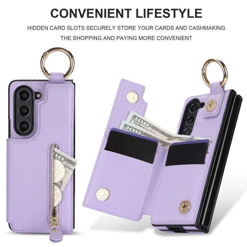 Ring Leather Zipper Wallet Card Slot Phone Case for Samsung Galaxy Z Fold 7 6 5 4 3 Shock Proof Flip Purse Holder Cover Hoesje