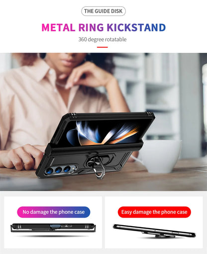 Military Grade Protection Metal Ring Grip Case for Galaxy Z Fold 4 Shockproof Heavy Duty Defender Rugged Folding Phone Case