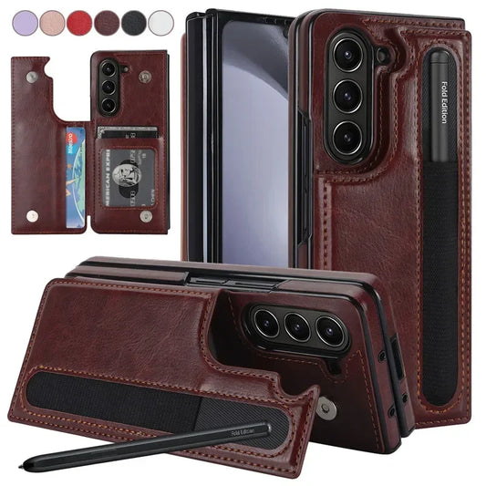 Pen Slot Leather Wallet Card Phone Case for Samsung Galaxy Z Fold 7 6 5 4 3 Fold6 Fold5 Fold4 Fold3 Retor Flip Stand Cover Etui