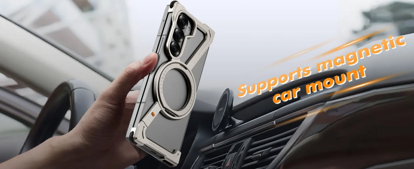 Oatsbasf Magnetic Phone Case for Samsung Galaxy Z Fold 6 5 Metal Slim Phone Protective Cover Shell with 360° Rotatable Stand