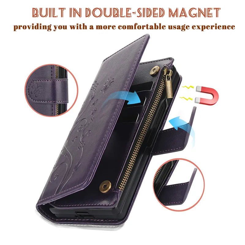Lanyard Leather Zipper Wallet Multi Card Phone Case for Samsung Galaxy Z Fold 7 6 5 4 3 Fold6 Fold5 Fold4 Fold3 Flip Stand Cover