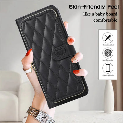 Crossbody Lanyard Zip Leather Wallet Card Phone Case for Samsung Galaxy Z Fold 7 6 5 4 3 Luxury Wrist Rope Flip Stand Cover Bag