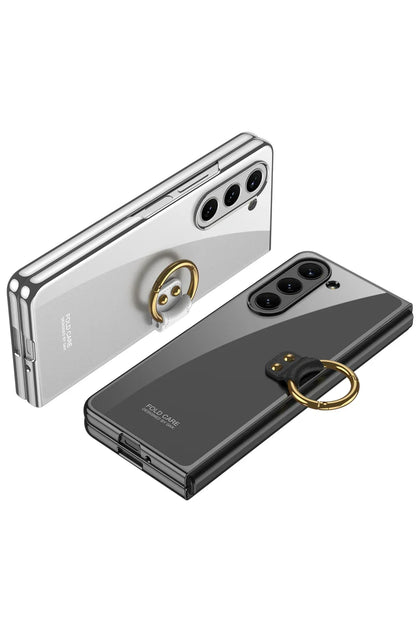 Luxury Plating HD Transparent Case for Samsung Galaxy Z Fold 6 5 5G Case with Ring Metal Ring Clear Shockproof Shell Case