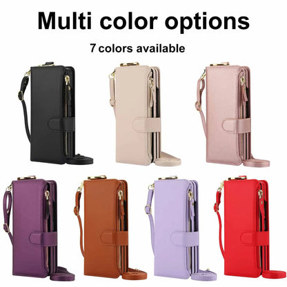 ZFold 7 Pu Leather Crossbody Phone Case for Samsung Galaxy Z Fold 7 6 5 4 3 Ring&Wrist Strap&Long Rope&Zipper Card Wallet Cover