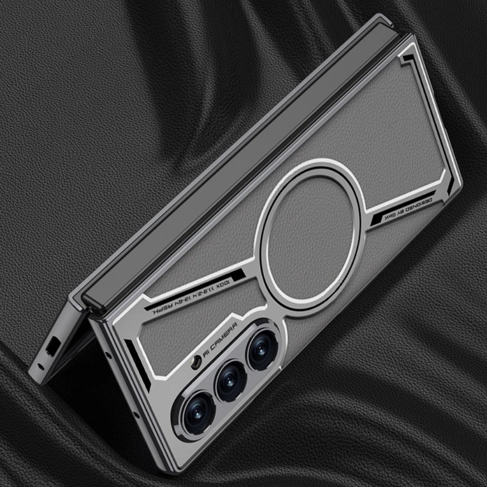 Electroplating Magnetic Wireless Charging Phone Case for Samsung Galaxy Z Fold 7 Zfold 6 Z Shaped Plain Leather Thin Hard Cover