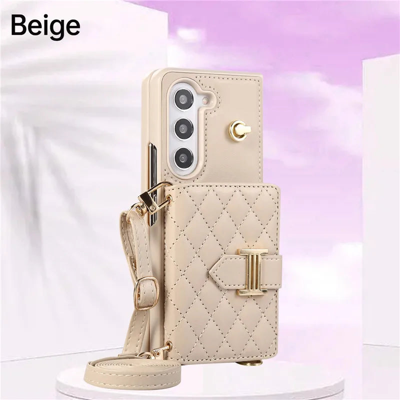 Crossbody Lanyard Leather Wallet Card Phone Case for Samsung Galaxy Z Fold 7 6 5 4 3 Fold6 Fold5 Fold4 Fold3 Wrist Rope Cover