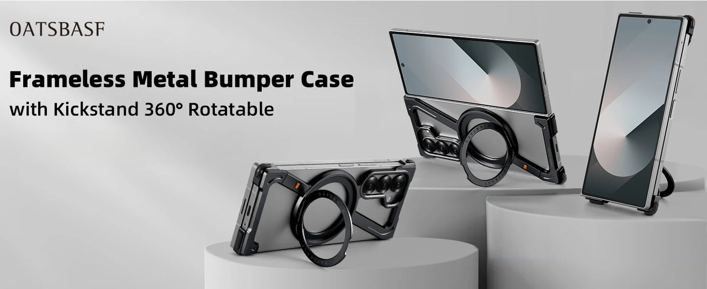 Oatsbasf Magnetic Phone Case for Samsung Galaxy Z Fold 6 5 Metal Slim Phone Protective Cover Shell with 360° Rotatable Stand