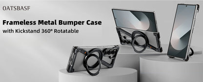 Oatsbasf Magnetic Phone Case for Samsung Galaxy Z Fold 6 5 Metal Slim Phone Protective Cover Shell with 360° Rotatable Stand