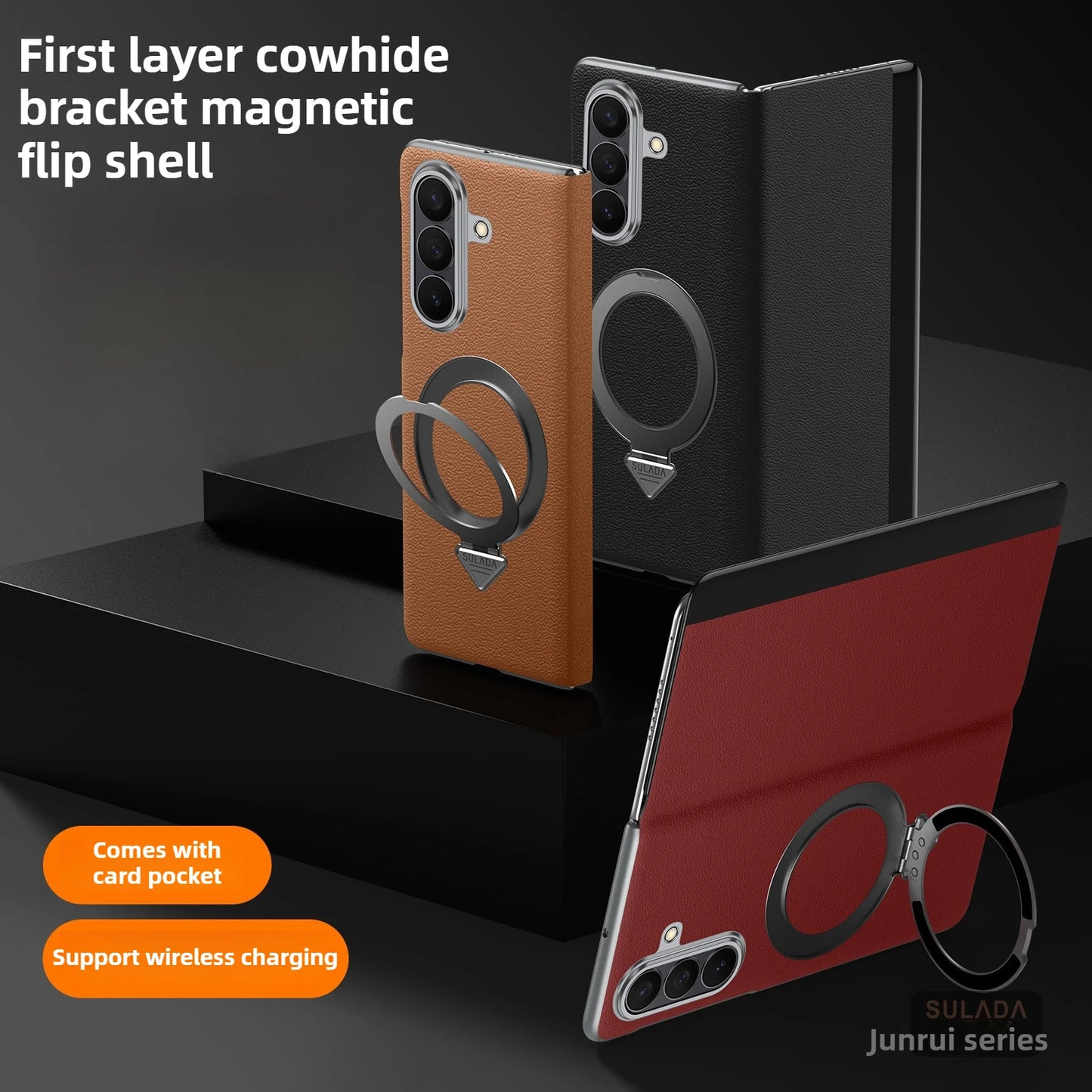 Genuine Cowhide Leather Phone Case for Samsung Galaxy Z Fold 7 Fold7 Wireless Charging Magnetic Attraction Bracket Flip Cover