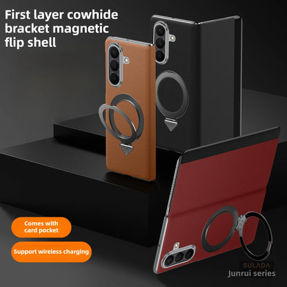 Genuine Cowhide Leather Phone Case for Samsung Galaxy Z Fold 7 Fold7 Wireless Charging Magnetic Attraction Bracket Flip Cover