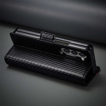 ZFold 7 Carbon Fiber Texture Phone Case for Samsung Galaxy Z Fold 7 6 5 4 3 W23 W22 5G Buckle Pu Leather Card Slot Holder Wallet